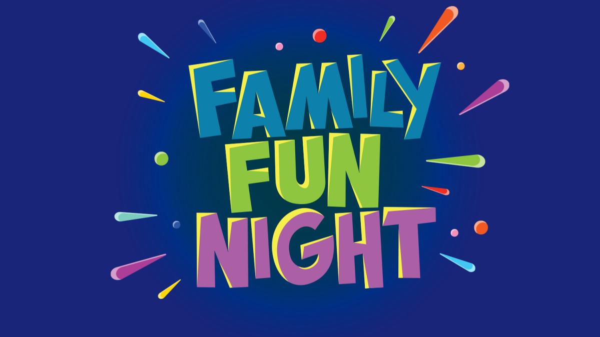 Colourful "Family Fun night" banner on blue background