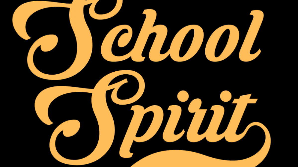 gold text saying "school spirit" on black background