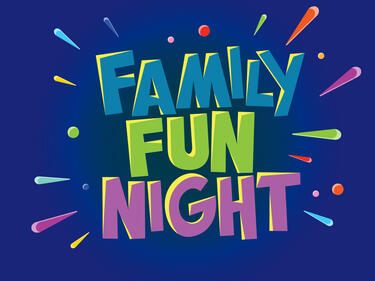 Colourful "Family Fun night" banner on blue background