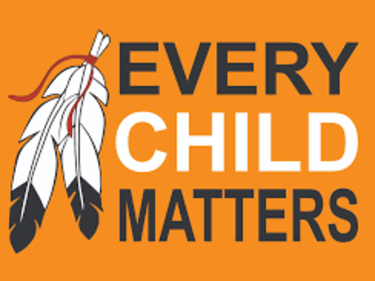Every Child Matters on Orange Background with Feathers