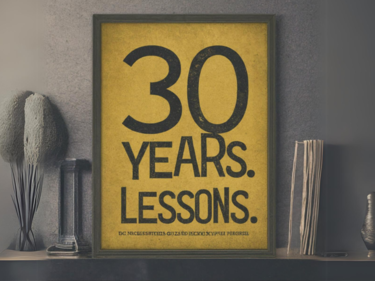 AI Generated image with a picture frame that reads "30 Years. Lessons."