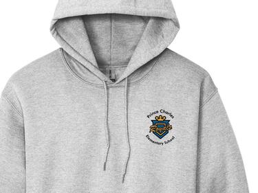 grey hoodie with the school logo on left chest