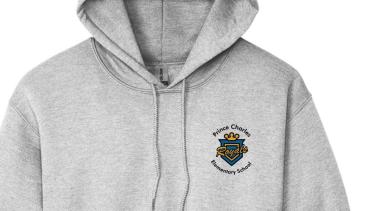 grey hoodie with the school logo on left chest