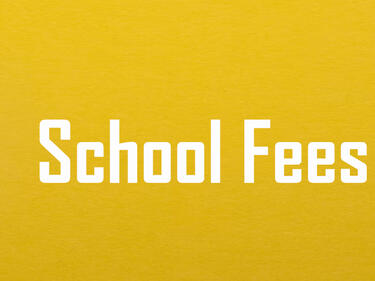 "School Fees" on yellow background with 2 pencils