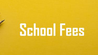 "School Fees" on yellow background with 2 pencils
