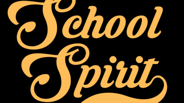 gold text saying "school spirit" on black background