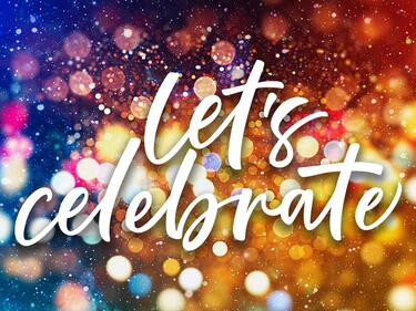 "Let's Celebrate" script text over sparkly colourful background