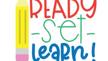 Cartoony "ready, set, learn" with large pencil
