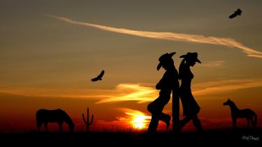 silhouette of cowboy/cowgirl sunset