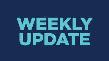 The text "WEEKLY UPDATE" on blue background