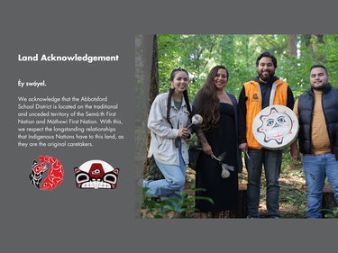 land acknowledgement with photo of people in forest with drum