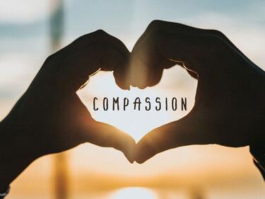 Hands making a heart with the word "Compassion" in the middle